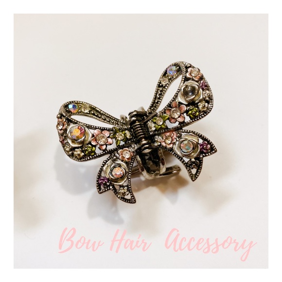 SOLD! Hand-Painted Metal & Crystal Bow Hair Clip - Picture 2 of 7